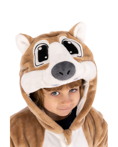 Squirrel fleece jumpsuit with hood in bag w/hook