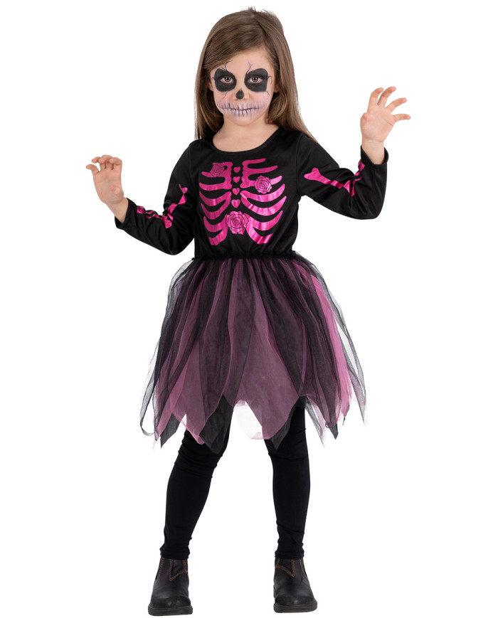 Déguisement squelette fille fuchsia dans un sachet avec crochet