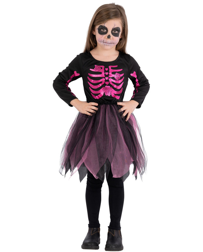 Fuchsia skeleton girl costume in bag w/hook