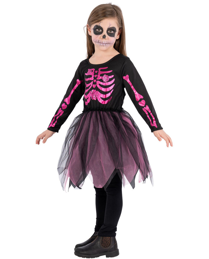 Fuchsia skeleton girl costume in bag w/hook