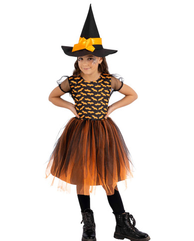 Costume streghetta arancione con cappello in busta c/gancio