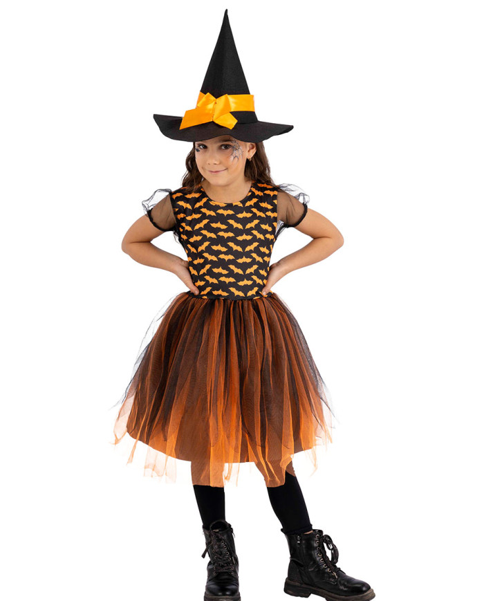 Costume streghetta arancione con cappello in busta c/gancio