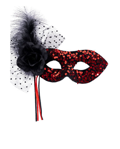 Masque en tissu avec paillettes rouges et décorations avec étiquette cartonnée pliée