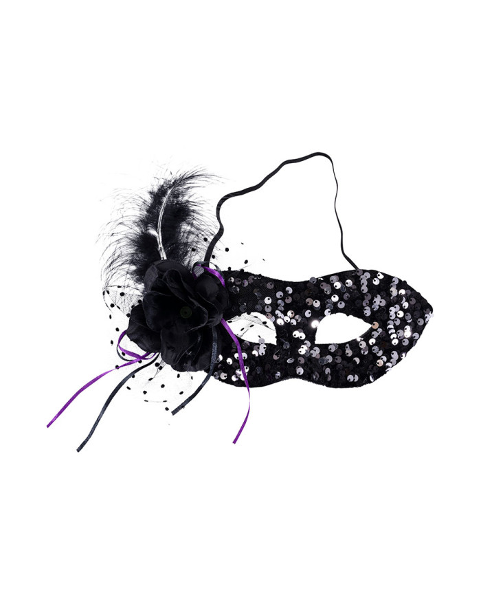 Masque en tissu avec paillettes noires et décorations avec étiquette cartonnée pliée