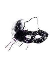 Masque en tissu avec paillettes noires et décorations avec étiquette cartonnée pliée