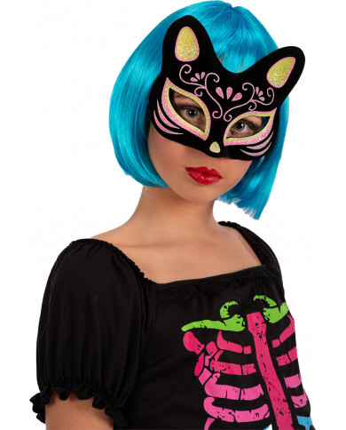 Plastic and velvet half face cat mask with fluo glitter Plastic and velvet half face cat mask with fluo glitter