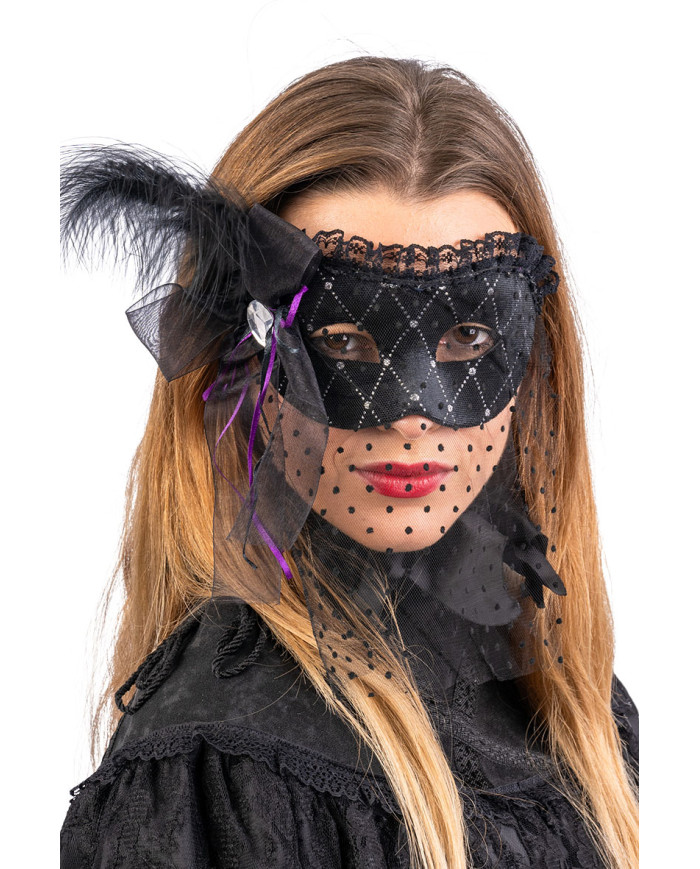 Black velvet mask w/veil and decorations w/header