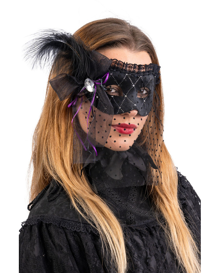 Black velvet mask w/veil and decorations w/header