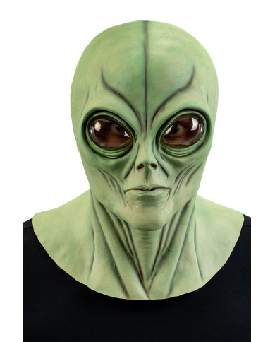 Masque extraterrestre vert en latex avec étiquette cartonnée pliée