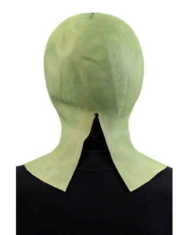 Masque extraterrestre vert en latex avec étiquette cartonnée pliée
