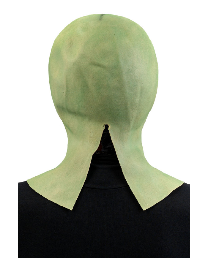 Masque extraterrestre vert en latex avec étiquette cartonnée pliée