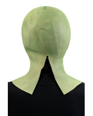 Masque extraterrestre vert en latex avec étiquette cartonnée pliée