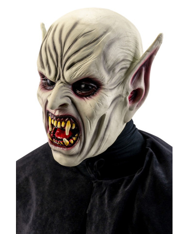 Masque horreur avec oreilles pointues et dents acérées en latex avec étiquette cartonnée pliée Masque horreur avec oreilles pointues et dents acérées en latex avec étiquette cartonnée pliée