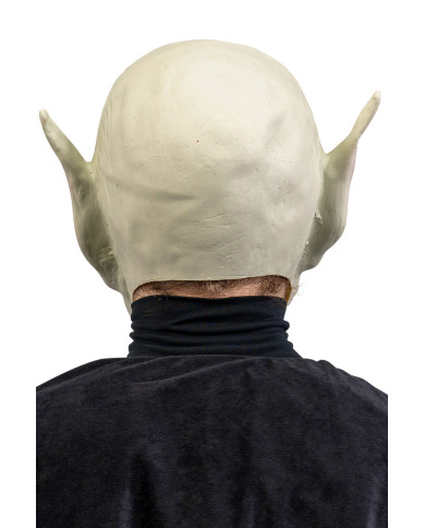 Masque horreur avec oreilles pointues et dents acérées en latex avec étiquette cartonnée pliée Masque horreur avec oreilles pointues et dents acérées en latex avec étiquette cartonnée pliée