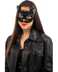 Plastic and velvet half face cat mask with gold and blue
