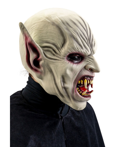 Masque horreur avec oreilles pointues et dents acérées en latex avec étiquette cartonnée pliée Masque horreur avec oreilles pointues et dents acérées en latex avec étiquette cartonnée pliée