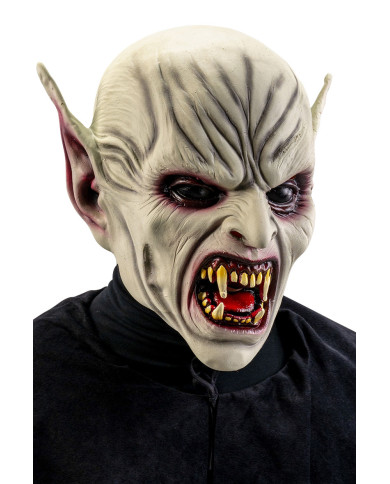 Masque horreur avec oreilles pointues et dents acérées en latex avec étiquette cartonnée pliée Masque horreur avec oreilles pointues et dents acérées en latex avec étiquette cartonnée pliée