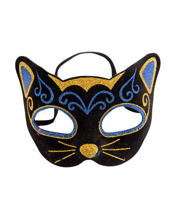 Plastic and velvet half face cat mask with gold and blue