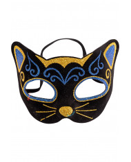 Plastic and velvet half face cat mask with gold and blue