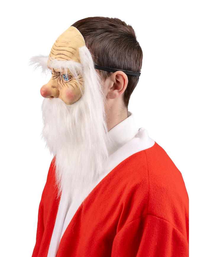 Masque Père Noël en latex avec barbe avec étiquette cartonnée pliée