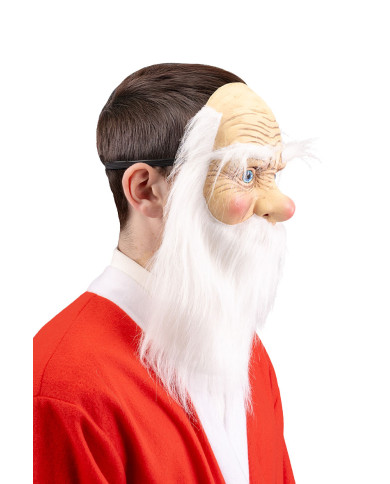 Masque Père Noël en latex avec barbe avec étiquette cartonnée pliée