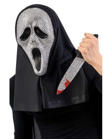 Ensemble masque précieux fantôme et couteau avec strass avec étiquette cartonnée pliée