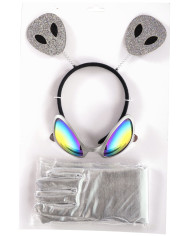 Kit alienígeno (diadema, guantes, gafas) sobre cartoncillo