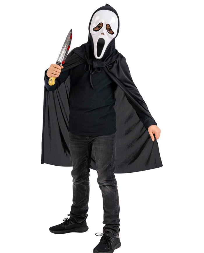 Kit de fantasma para niño (capa con capucha de unos 80 cm de longitud, máscara, cuchillo) en bolsa con percha