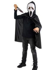 Kit de fantasma para niño (capa con capucha de unos 80 cm de longitud, máscara, cuchillo) en bolsa con percha