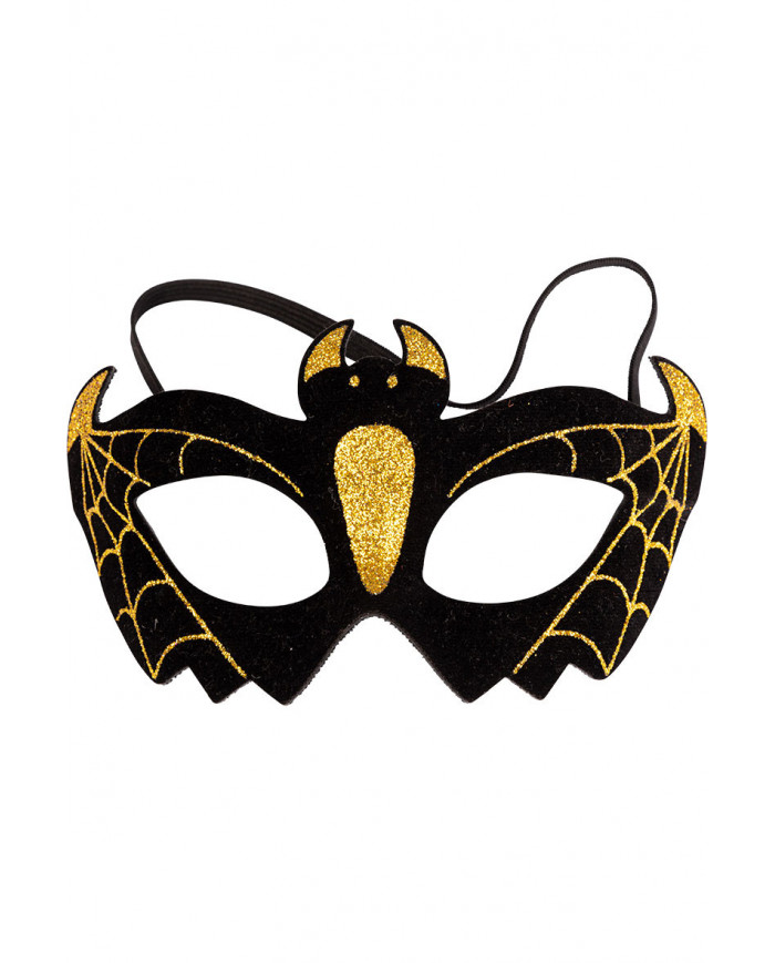 Plastic and velvet half face bat mask with gold glitter