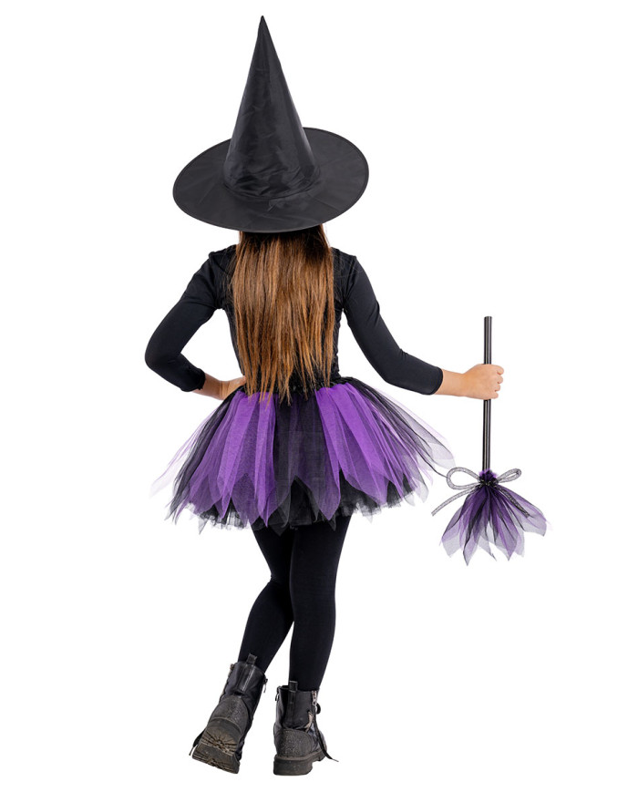 Kit de bruja para niña (falda, sombrero, escoba de unos 33 cm de longitud) en bolsa con solapa de cartón