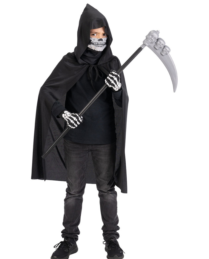 Skeleton children set (cape, mask, gloves, sickle) in bag w/hook