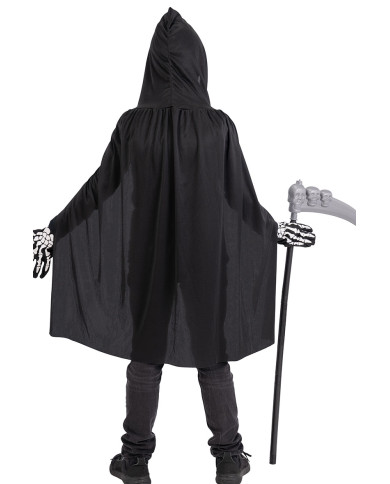 Ensemble déguisement squelette pour garçon (cape, masque, gants, faux) dans un sachet avec crochet