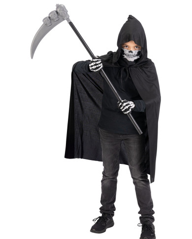 Ensemble déguisement squelette pour garçon (cape, masque, gants, faux) dans un sachet avec crochet