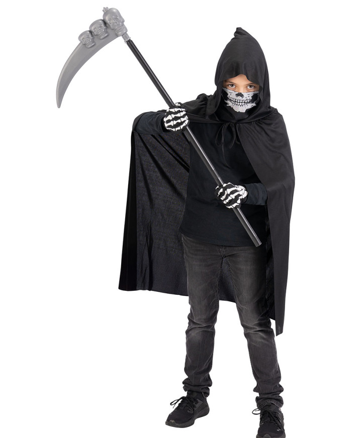 Skelett-Set für Kinder (Umhang, Maske, Handschuhe, Sense) in Beutel mit Haken