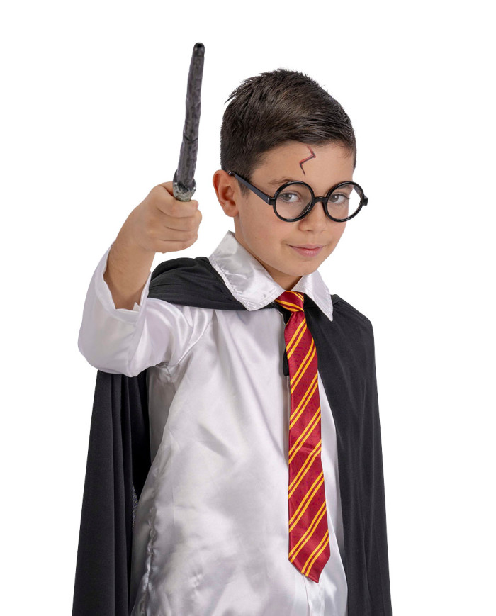 Kit de mago (gafas, varita, corbata) sobre cartoncillo