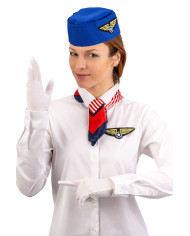 Ensemble déguisement hôtesse (chapeau, écharpe, gants, badge) sur papier cartonné