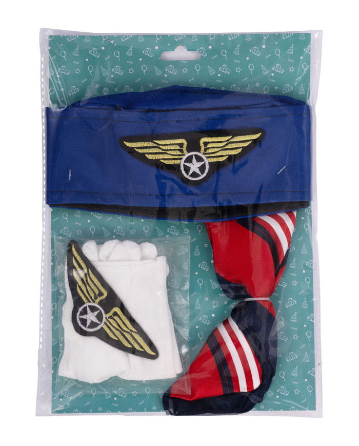 Stewardess-Set (Kopfbedeckung, Schal, Handschuhe, Anstecker) auf Pappkarton