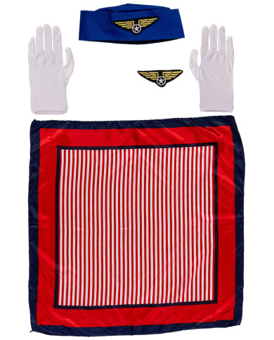 Stewardess-Set (Kopfbedeckung, Schal, Handschuhe, Anstecker) auf Pappkarton