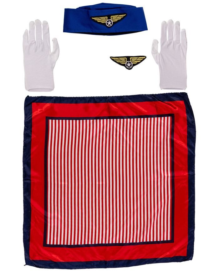 Kit de azafata (gorro, bufanda, guantes, insignia) sobre cartoncillo