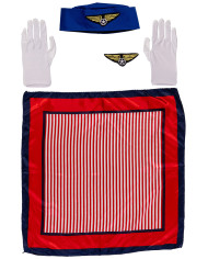 Ensemble déguisement hôtesse (chapeau, écharpe, gants, badge) sur papier cartonné