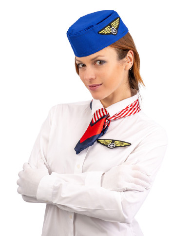 Stewardess-Set (Kopfbedeckung, Schal, Handschuhe, Anstecker) auf Pappkarton