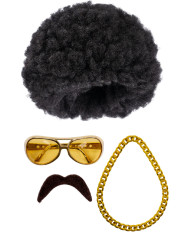 Disco Dance-Set (Perücke, Brille, Schnurrbart, Halskette) in Koffer