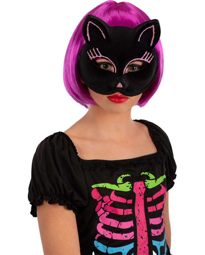 Plastic and velvet half face cat mask with pink glitter