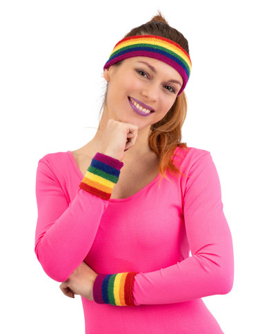 Ensemble de fitness arc-en-ciel (bandeau et poignets) en tissu dans un sachet avec étiquette ferme-sachet Ensemble de fitness arc-en-ciel (bandeau et poignets) en tissu dans un sachet avec étiquette ferme-sachet