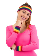 Kit de fitness arco iris (diadema y muñequeras) de tela en bolsa con solapa de cartón