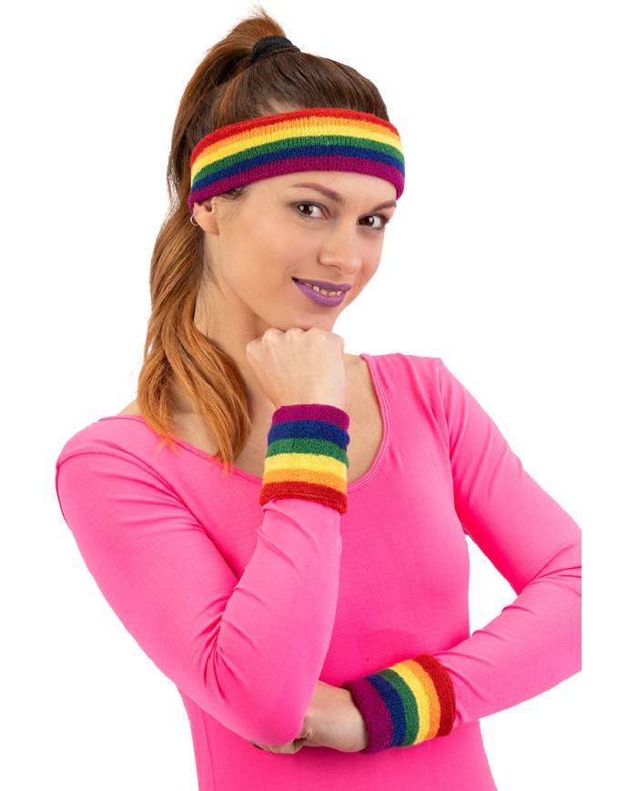 Ensemble de fitness arc-en-ciel (bandeau et poignets) en tissu dans un sachet avec étiquette ferme-sachet