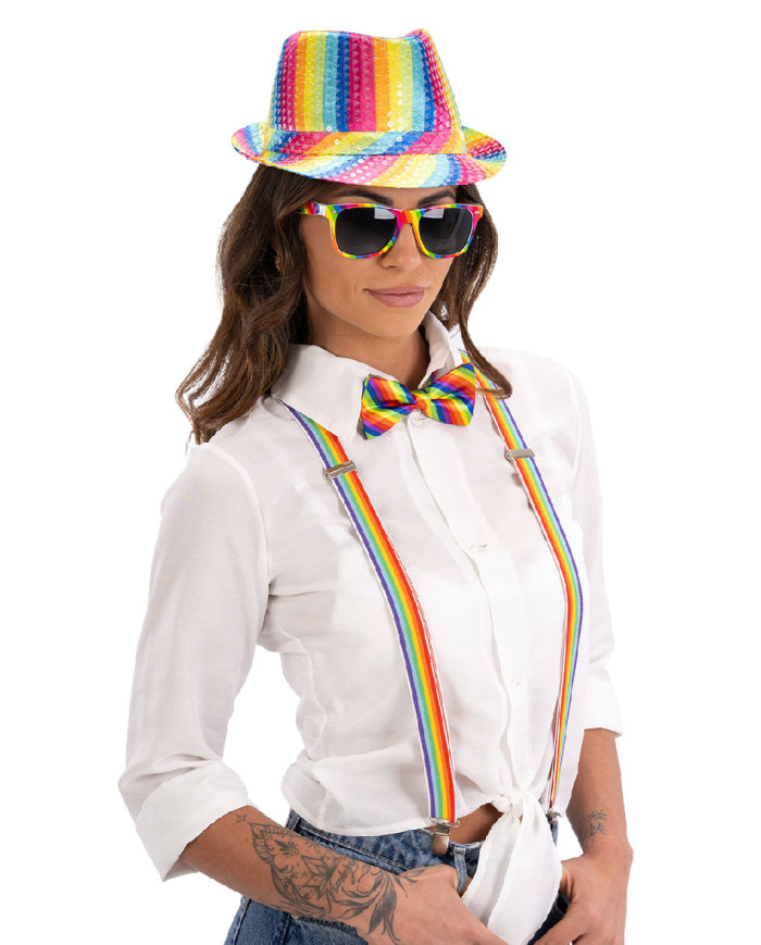 Set gangster arcobaleno (cappello, bretelle, occhiali, papillon) su cartoncino Set gangster arcobaleno (cappello, bretelle, occhiali, papillon) su cartoncino