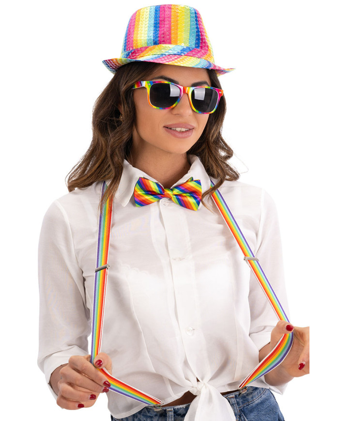 Set gangster arcobaleno (cappello, bretelle, occhiali, papillon) su cartoncino Set gangster arcobaleno (cappello, bretelle, occhiali, papillon) su cartoncino
