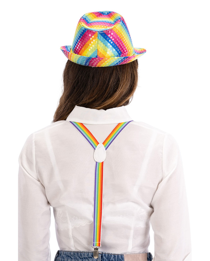 Gangster-Set regenbogenfarben (Hut, Hosenträger, Brille, Fliege) auf Pappkarton